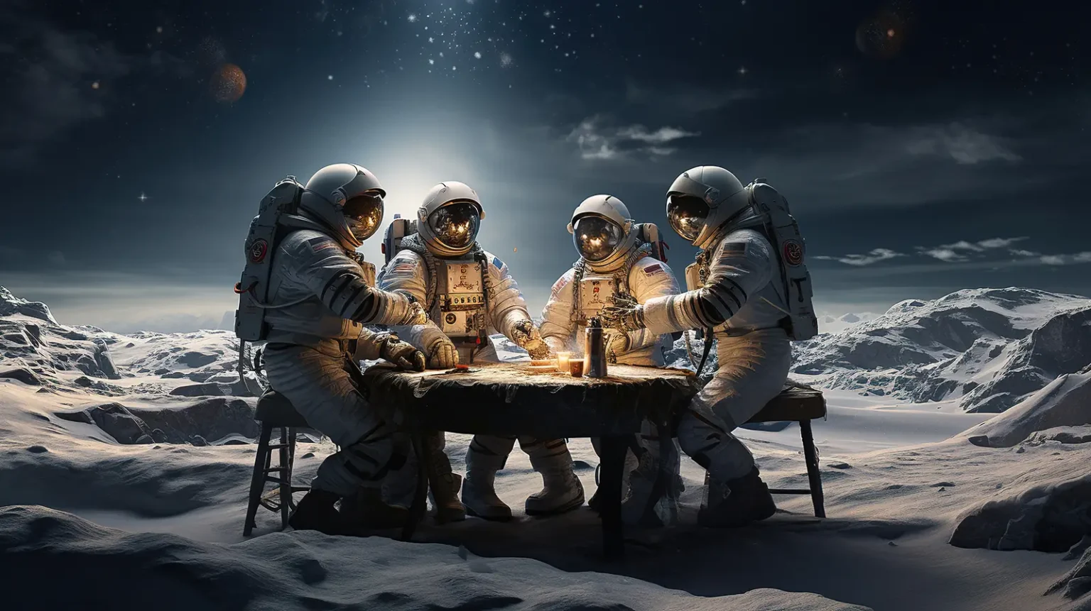 Astronauts dining and celebrating by the table on the moon - MilicaStanimirovic - freepik